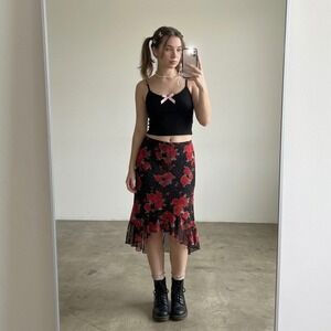VTG Philly California Y2K Hi Lo Ruffle Skirt Small Black Rose Glitter Romantic